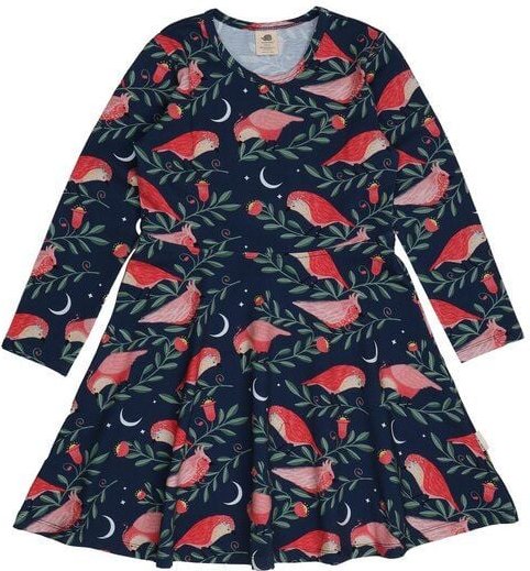 Kinder Kleid GOTS-zertifiziert aus Bio-Baumwolle dunkelblau mit pinken Vögeln „Pinky Birds“ – Walkiddy