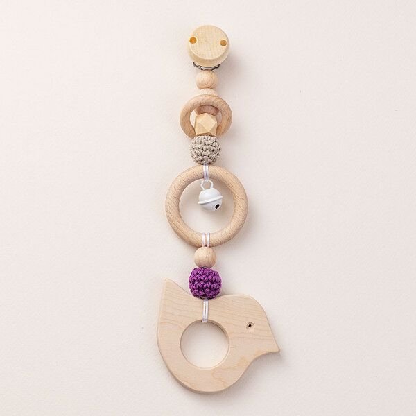 NoniKids Berlin Rasselclip Holz *Glocke Vogel* 3 Farben I Bio Baumwollgarn