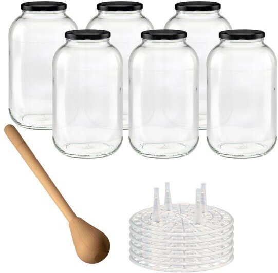 mikken Fermentier Starter Set - XXL Gläser 4,25 Liter mit Fermentier Gitter, Holzstampfer und Deckel