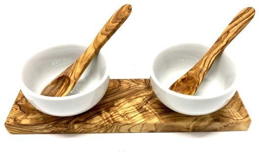Olivenholz erleben Dipschalenset KLASSIK Porzellan rund inkl. 2 Löffel aus Olivenholz