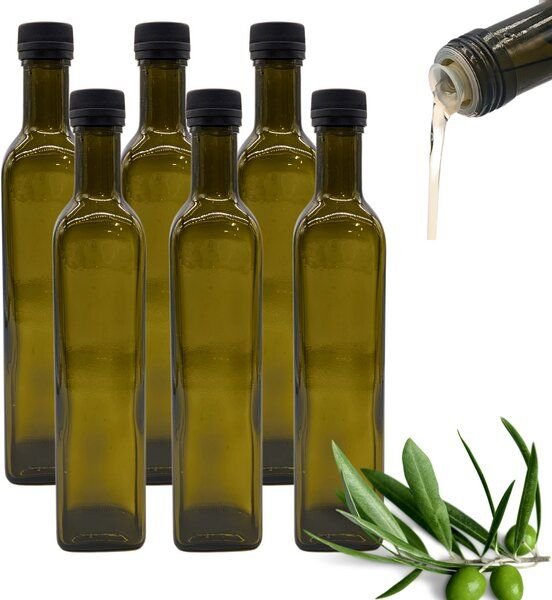 mikken 6er Set Ölflaschen 100 ml - 750 ml mit Ausgießer braune / grüne Glasflasche mit Dosierer Dosierflasche inkl. 6 Et...