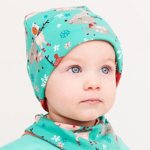 Cheeky Apple Gefütterte Baby-Haube aus Bio-Baumwolle "Winterreh | Dotted Lines Koralle" Türkis/Orange