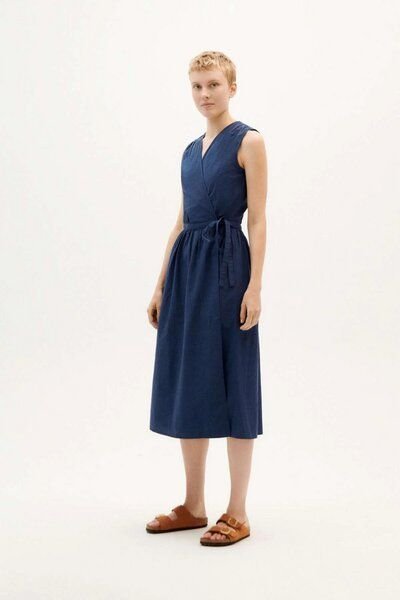 thinking mu Amapola Kleid Navy Seersucker