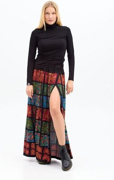 Maxirock Tula – schwarze Basis mit farbenfrohem KOKOworld Print inspiriert von Molas der Kuna – Frontschlitz – elastisch...