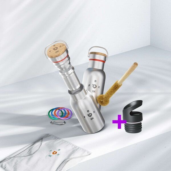 ÖKO FOXBOXX Flasche isol. matt - 350ml - 1000ml Teesieb & Sportcap Bürste Karabiner