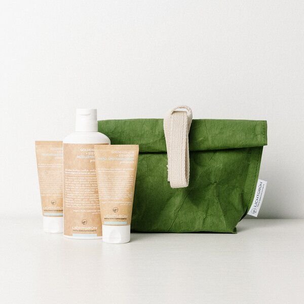 LICHTGRÜN GESCHENKSET Goldener Bio-Lein mit Kulturtasche gratis