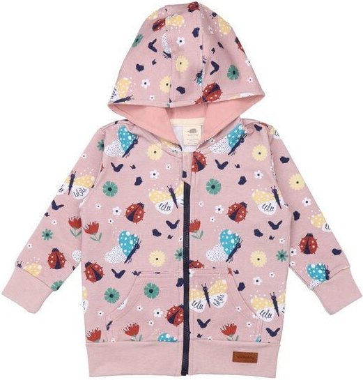 Kinder Kapuzenjacke GOTS zertifiziert, rosa, Marienkäfer & Schmetterlinge Allover, Reißverschluss – Walkiddy