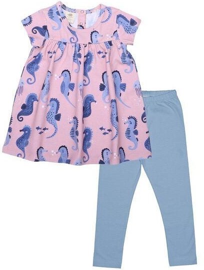 Kinderkleid-Set GOTS zertifiziert Bio-Baumwolle Rosa Seepferdchen-Print Kurzarm inkl. Leggings Blau – Walkiddy