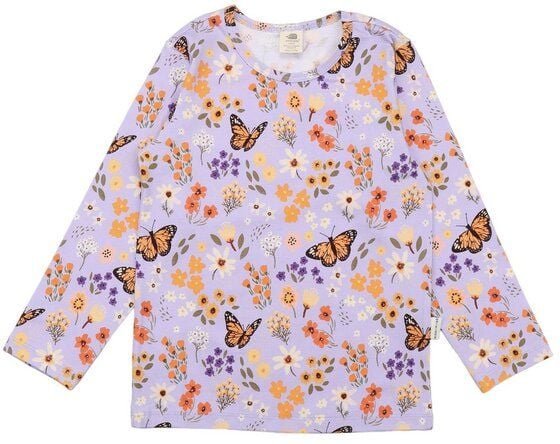 Kinder Langarmshirt GOTS zertifiziert, „Flowers & Butterflies“ Allover, lila, Bio-Baumwolle, weich – Walkiddy