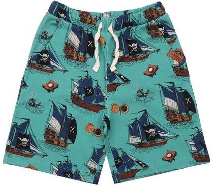 Baby Shorts GOTS zertifiziert – Bio-Baumwolle, Grün mit Piratenschiff-Motiv, elastischer Bund mit Kordel, bequem | Walki...