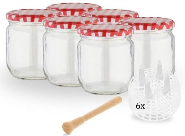 mikken Fermentier Starter Set - 6 Fermentiergläser 425 ml mit Fermentier Gitter, Holzstößel und Deckel