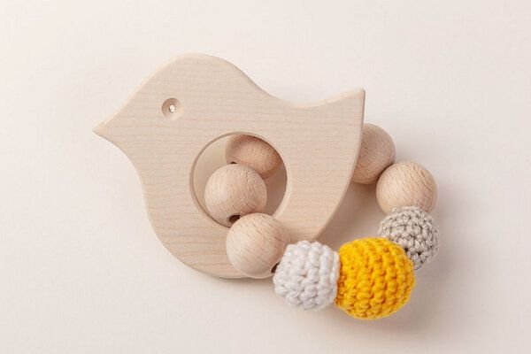 NoniKids Berlin Greifling Beißring Holz *Vogel* | Bio Baumwolle