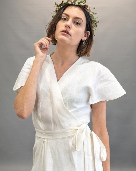 Aatise 100% Leinen-Wickelkleid mit Schmetterlingsärmeln Zargot