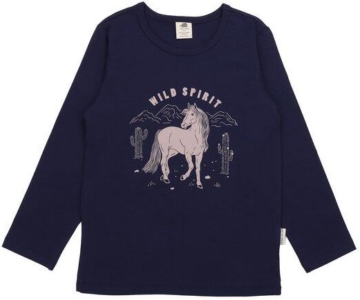 Kinder Langarmshirt GOTS zertifiziert, navy, Pferde-Print, Bio-Baumwolle – Walkiddy