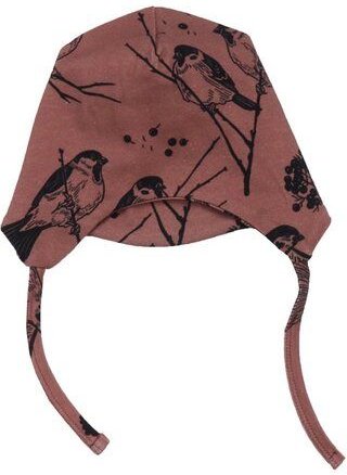 Baby Mütze GOTS zertifiziert, Bio-Baumwolle, rosé, Vogel-Muster, Bindebänder, weich & elastisch – Walkiddy