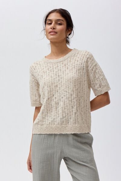 People Wear Organic Rippstrick Kurzarm Strickpullover, beige uni, Bio-Baumwolle