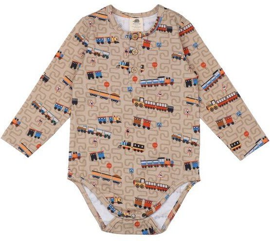 Walkiddy Tiny Trains Body in Braun, GOTS-Zertifizierter Bio-Baumwollstrampler mit Zugmotiv