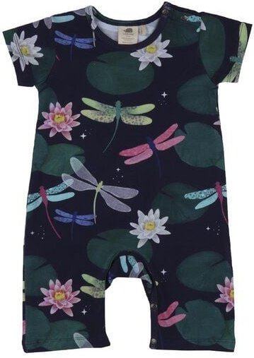 Baby Strampler Kurzarm GOTS zertifiziert Bio-Baumwolle, Dunkelblau, Libellen-Muster, Walkiddy