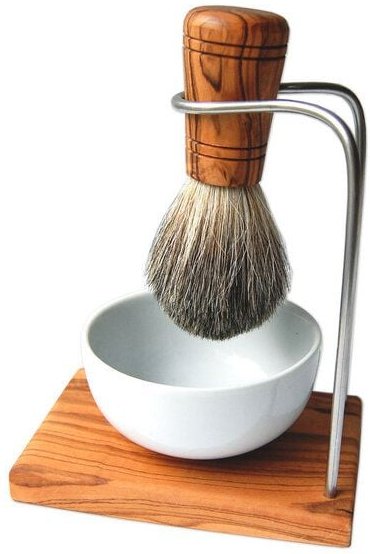 Olivenholz erleben Rasierpinselhalter DESIGN inkl. Rasierpinsel Kunsthaar mit Griff aus Olivenholz