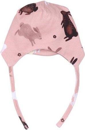 Baby Bindemütze GOTS zertifiziert Bio-Baumwolle Rosa Hasen-Print Ohrklappen Bindebänder weich – Walkiddy