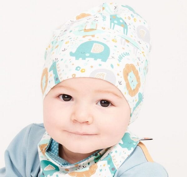 Cheeky Apple Gefütterte Baby-Haube aus Bio-Baumwolle "Mini Jungle | Dotted Lines Türkis" Weiß/Hellblau
