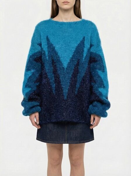 KnitToChange Handgestrickter Oversize-Pullover in Blau- und Dunkelblautönen mit grafischem Design