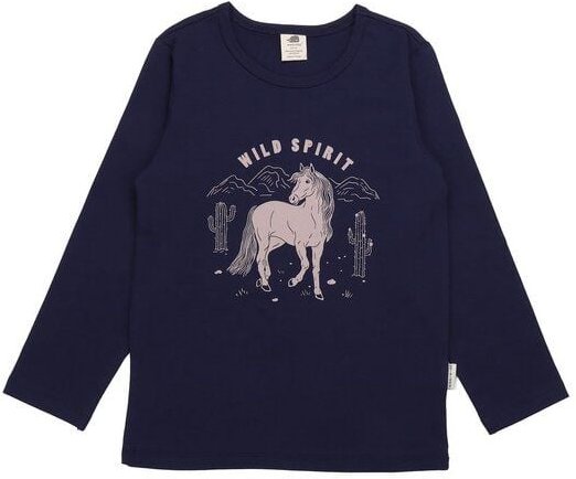 Kinder Langarmshirt GOTS zertifiziert, navy, Pferde-Print, Bio-Baumwolle – Walkiddy