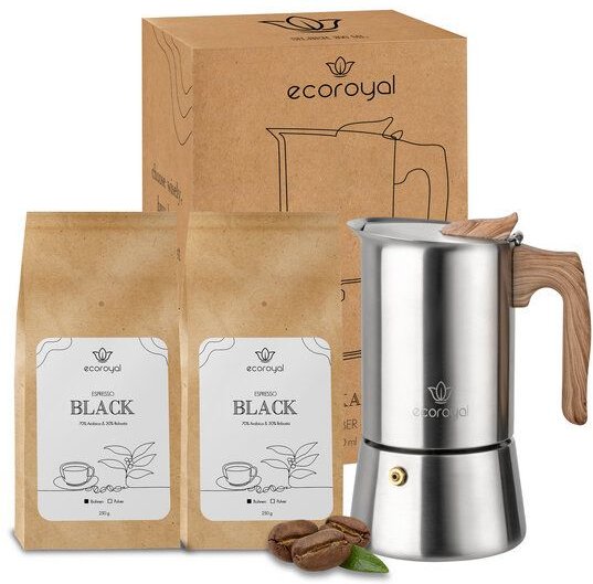 Ecoroyal Espressokocher Set + 500g Espressobohnen Black