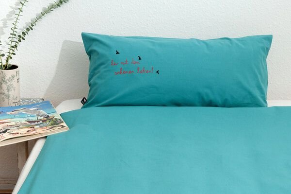 Hirschkind Bio-Kissenbezug 'her mit dem schönen leben!' türkis 80*40 cm