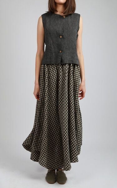 KNOTIUM POPPY Maxi-Leinenrock im Karomuster mit Tellerrockschnitt und Taschen