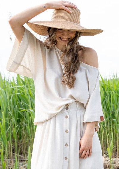 KOKOworld Bluse Wind – Viskose und Leinen – sandfarben beige – weiter luftiger Schnitt mit Kimonoärmeln – 100% fair desi...