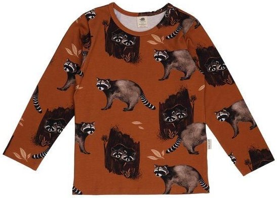 Kinder Langarmshirt GOTS zertifiziert, 95% Bio-Baumwolle, braun, Waschbär-Muster, weich & elastisch – Walkiddy