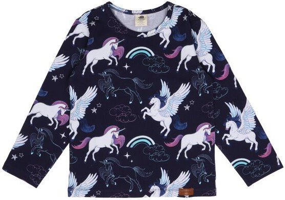 Kinder Langarmshirt GOTS zertifiziert, dunkelblau, Einhorn & Pegasus Allover, Bio-Baumwolle, weich – Walkiddy