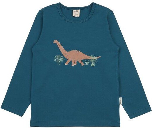 Kinder Langarmshirt GOTS zertifiziert, Bio-Baumwolle, petrolblau, Dino-Print „Running Dinosaurs“, weich – Walkiddy