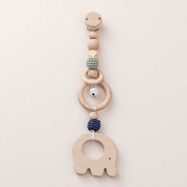 NoniKids Berlin Rasselclip Holz mit *Glocke Elefant* 3 Farben I Bio Baumwollgarn