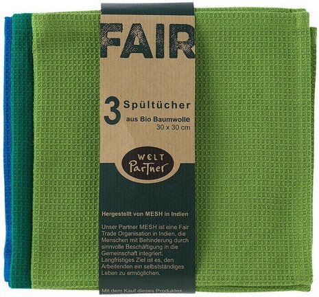 weltPartner 3er-Set Spültücher aus Bio-Baumwolle, 30x30 cm