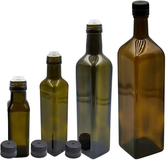 mikken 2er Set Ölflaschen 100 ml - 1000 ml mit Ausgießer braune / grüne Glasflasche mit Dosierer Dosierflasche inkl. 2 E...