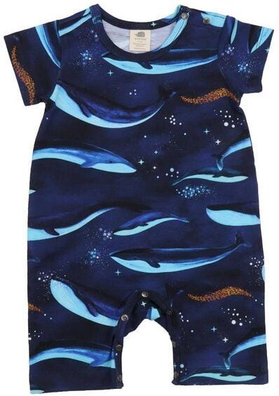 Baby Strampler GOTS zertifiziert, dunkelblau, Wal-Allover „Whaley’s Song“, Kurzarm – Walkiddy
