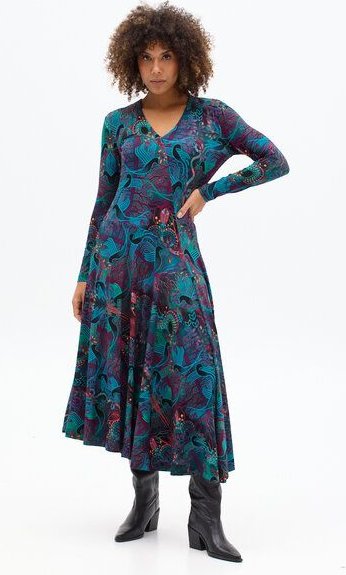 Kleid Lia – Maxikleid mit ausgestelltem Rock – Lange Ärmel – V-Ausschnitt – Versteckte Taschen – Farbenfroher einzigarti...