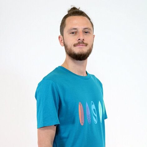 Spangeltangel Surfboard T-Shirt, Siebdruck, Irisdruck, Herrenshirt, Bio-Baumwolle bedruckt