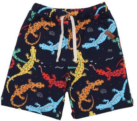 Kinder Shorts GOTS zertifiziert, dunkelblau, „Colorful Salamanders“ Allover, Kordelbund, weich – Walkiddy