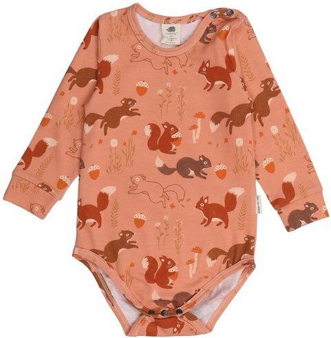 Baby Langarmbody GOTS zertifiziert, Bio-Baumwolle, terracotta, Eichhörnchen-Muster, weich, Druckknöpfe – Walkiddy