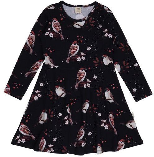 Kinder Langarmkleid GOTS-zertifiziert aus Bio-Baumwolle, dunkelblau mit Spatzen-Print „Little Sparrows“, weicher Jersey ...