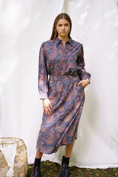 Thumbnail - Haus of Namaste Paisley-Rock in Orange und Blau, 100 % Baumwolle, handbedruckt, nachhaltiger veganer Rock.