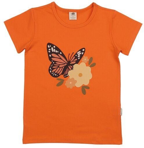 Thumbnail - Kinder T-Shirt GOTS-zertifiziert aus Bio-Baumwolle orange mit Schmetterlings- und Blumenmotiv – Walkiddy