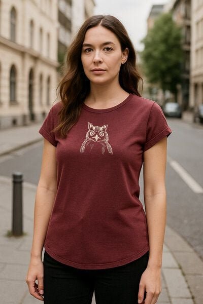 ilovemixtapes Bio Damen T-Shirt "Nachtschicht" mit Eulen-Motiv – Stone Washed Burgundy | Vegan & fair produziert