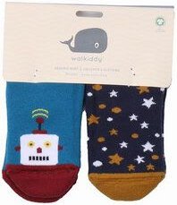 Baby Gripper-Socken GOTS zertifiziert Bio-Baumwolle „Space Trip“ Dunkelblau rutschhemmend weich – Walkiddy
