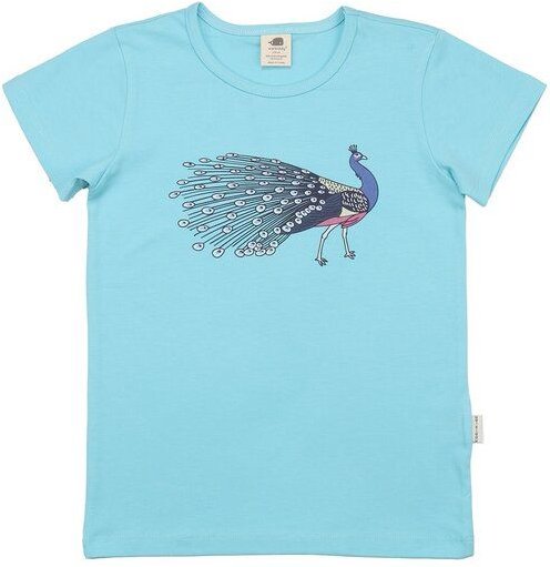 Kinder T-Shirt GOTS zertifiziert, hellblau, Pfau-Print „Fancy Peacocks“, Bio-Baumwolle, weich – Walkiddy
