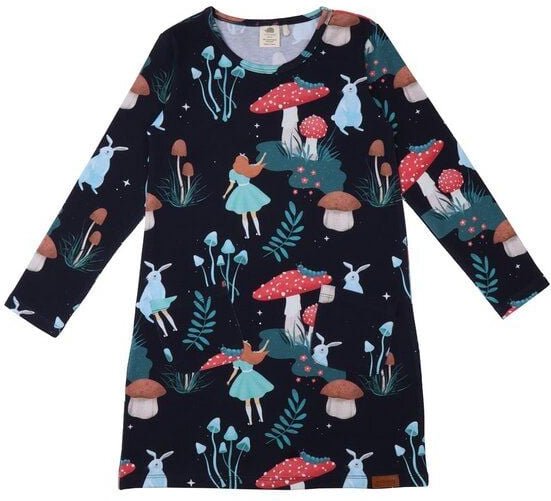 Baby Tunika GOTS zertifiziert, Bio-Baumwolle, dunkelblau, „Wonderland“, Allover-Muster, Langarm – Walkiddy