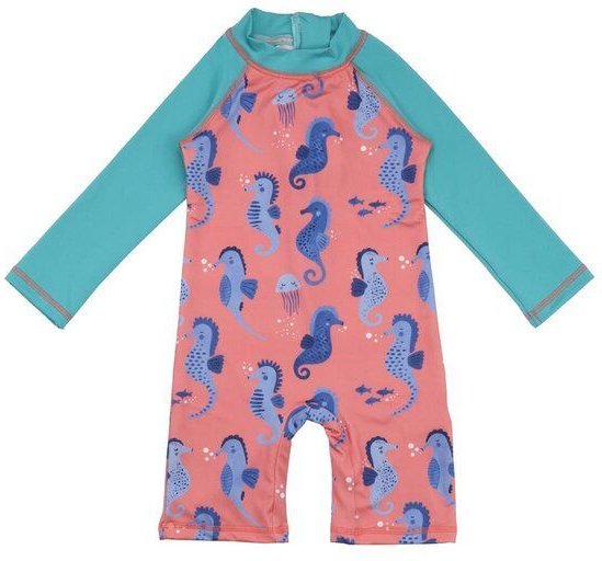 Nachhaltiger Walkiddy Badeanzug - Blue Seahorses in Rosa - Öko & Stilbewusst – GOTS zertifiziert